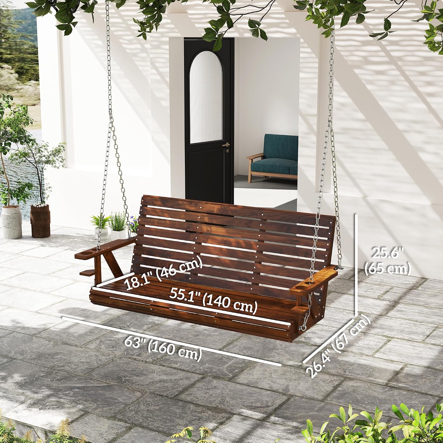 Outsunny Upgraded Wooden Porch Swing 3-Seater, 5 FT Outdoor Patio Swing Bench with Cupholders, Hanging Chains, Swing Chair Bench for Patio Garden Yard, Carbonized