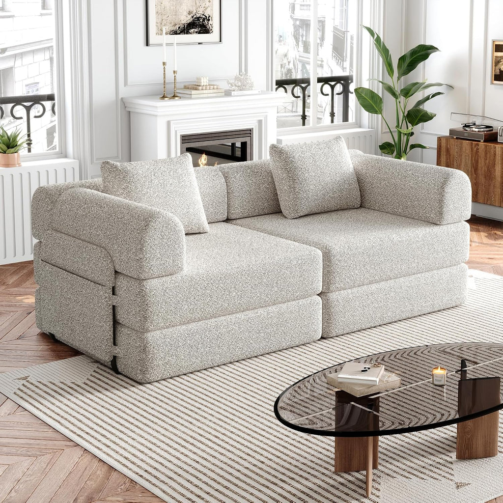 4-in-1 Convertible Folding Sofa Bed, 72' Oversized Chenille Upholstered Boneless Couch, Loveseat Sleeper Sofa Bed, Floor Sofabed Modular Futon Couch for Living Room Bedroom Lounge, Beige