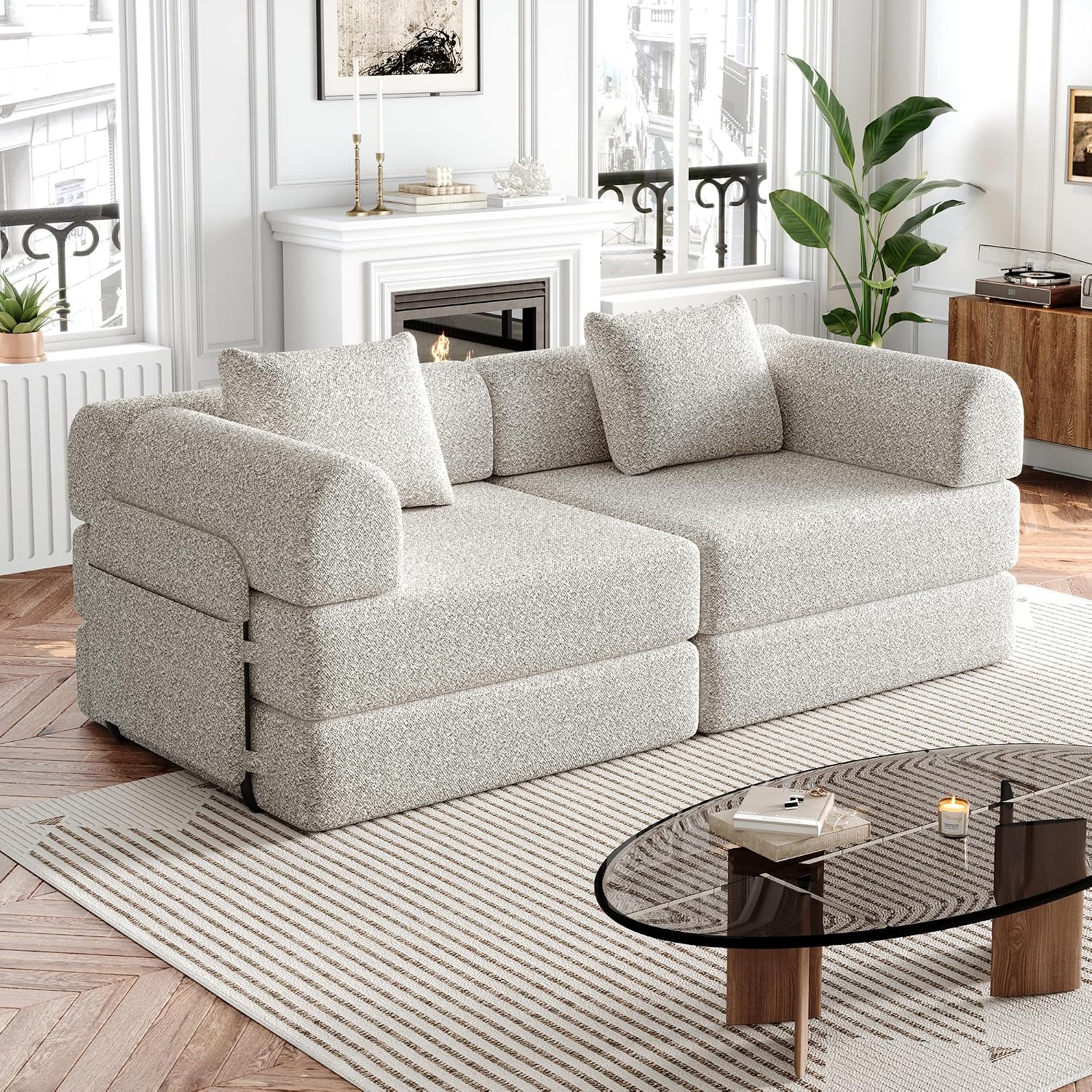 4-in-1 Convertible Folding Sofa Bed, 72' Oversized Chenille Upholstered Boneless Couch, Loveseat Sleeper Sofa Bed, Floor Sofabed Modular Futon Couch for Living Room Bedroom Lounge, Beige