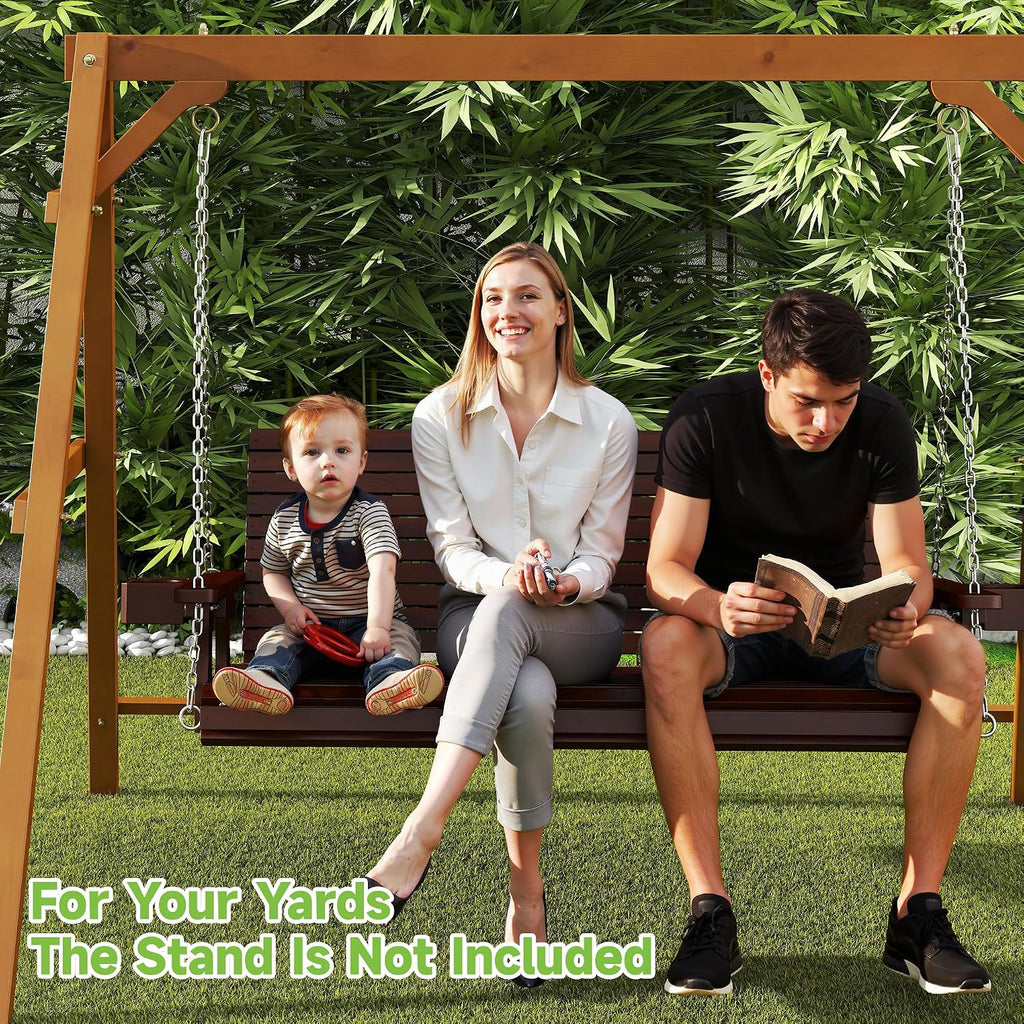 Real Relax Front Porch Swing, Wooden 3 Person Outdoor Hanging Patio Swing Chair with Cup Holders, Upgraded 22' Deep Seat Bench, Heavy Duty 880 Lbs for Courtyard, Garden, Backyard 5 Ft (Brown)