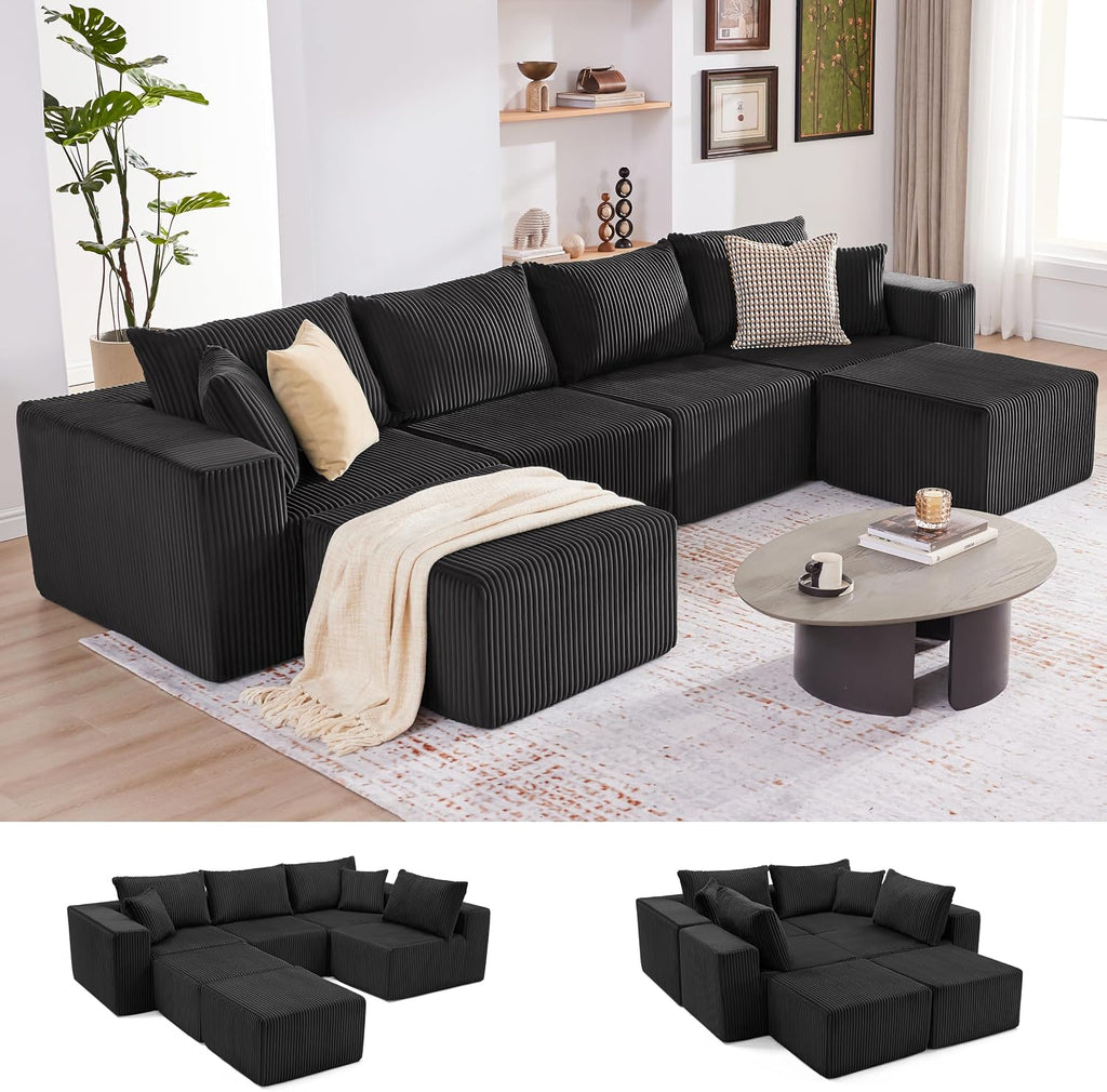 Weture 135.4' Cloud Couch Sectional, Modular Sectional Sofa with Deep Seat, Plush Corduroy U Shaped Boneless Couch, Convertible Sectional Couches for Living Room, 6Seat, Black