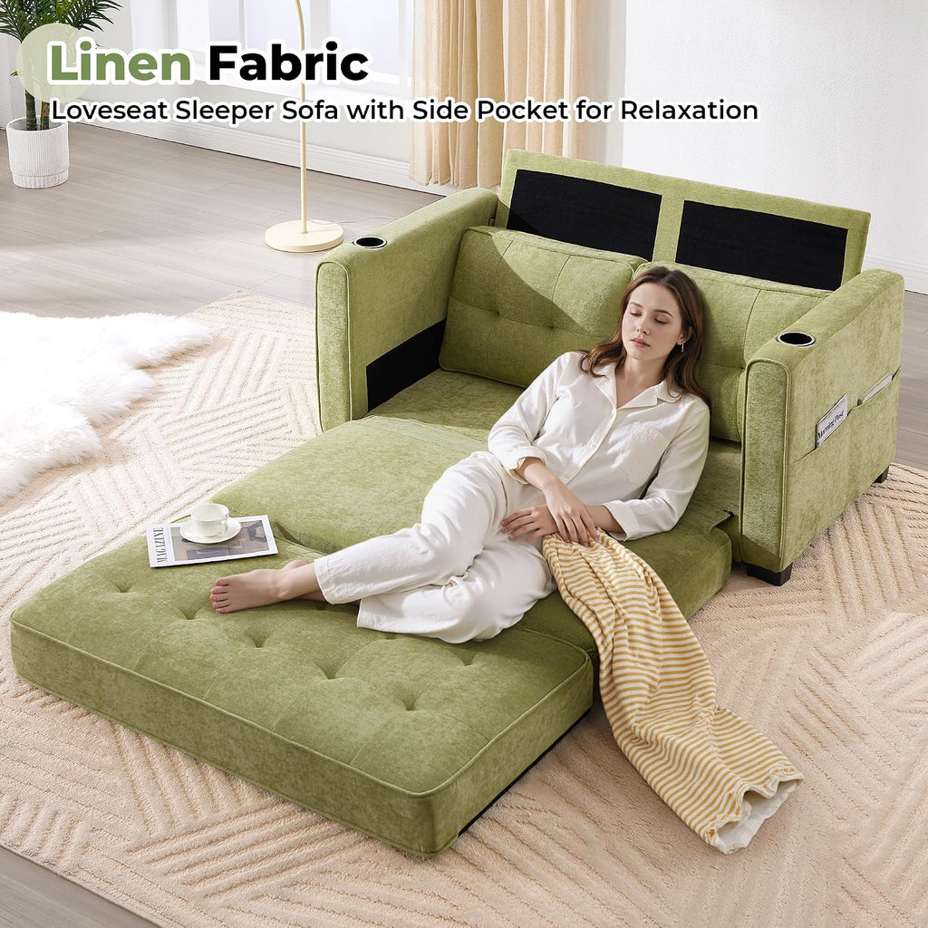 Convertible Sofa Bed, Pull Out Loveseat Sleeper Couch,Linen Fabric 2 in 1 Folding Couch Bed, Fold Out Floor Futon Couches with Cup Holder for Living Room, Bedroom,Small Space, Green