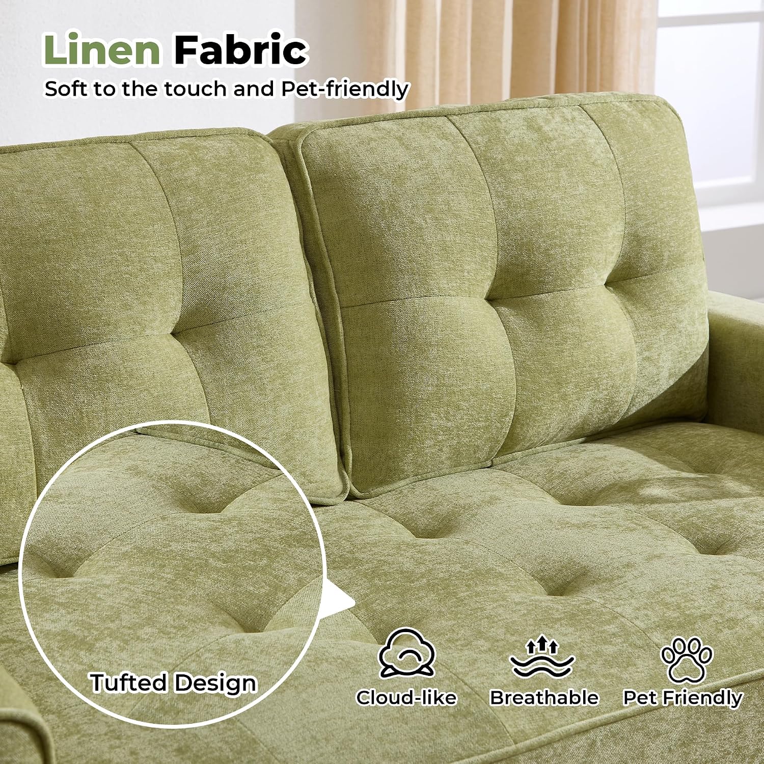 Convertible Sofa Bed, Pull Out Loveseat Sleeper Couch,Linen Fabric 2 in 1 Folding Couch Bed, Fold Out Floor Futon Couches with Cup Holder for Living Room, Bedroom,Small Space, Green