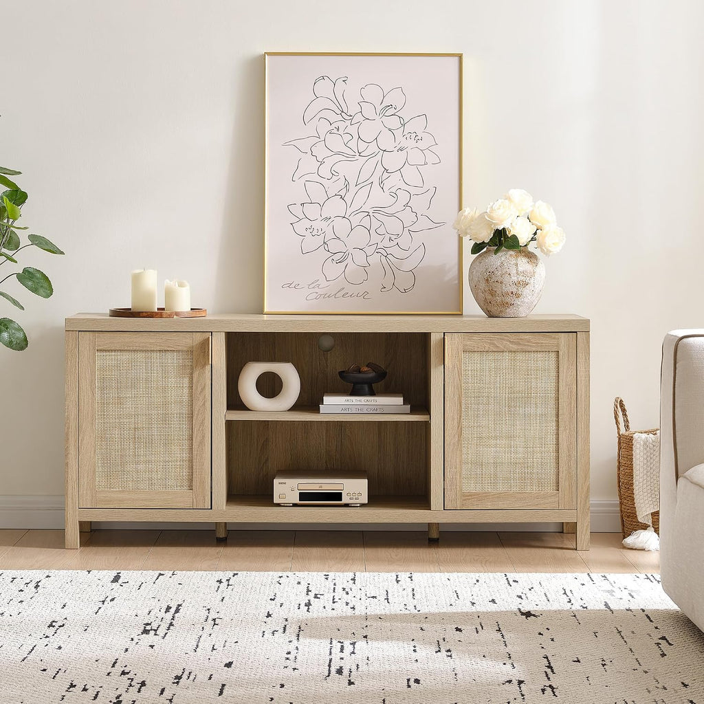 SICOTAS Rattan TV Stand for Living Room - 26' Tall TV Console Cabinet with Storage and Adjustable Shelf, Boho Entertainment Center, 59' Media Console for 50, 55, 65 Inch TV, Light Oak
