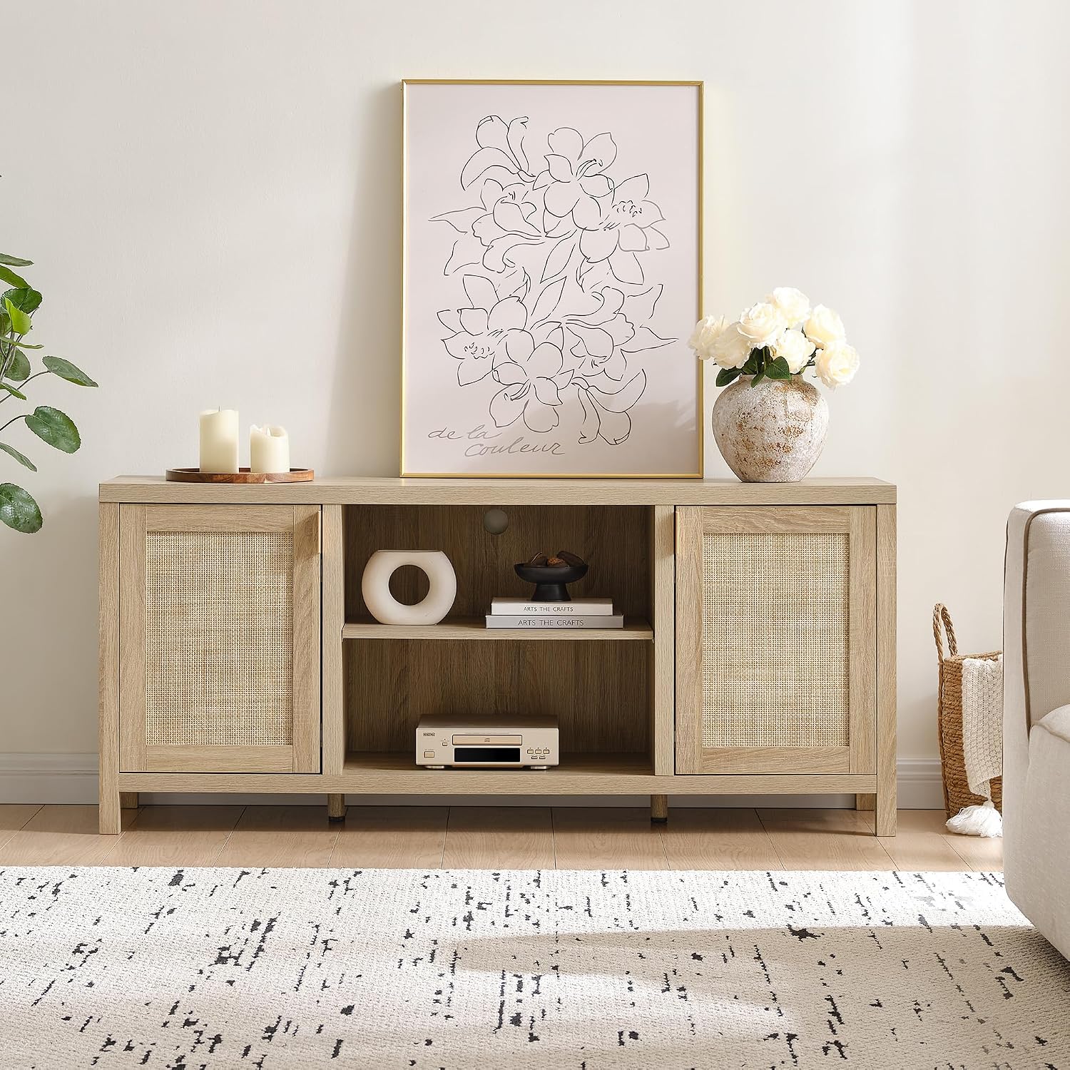 SICOTAS Rattan TV Stand for Living Room - 26' Tall TV Console Cabinet with Storage and Adjustable Shelf, Boho Entertainment Center, 59' Media Console for 50, 55, 65 Inch TV, Light Oak