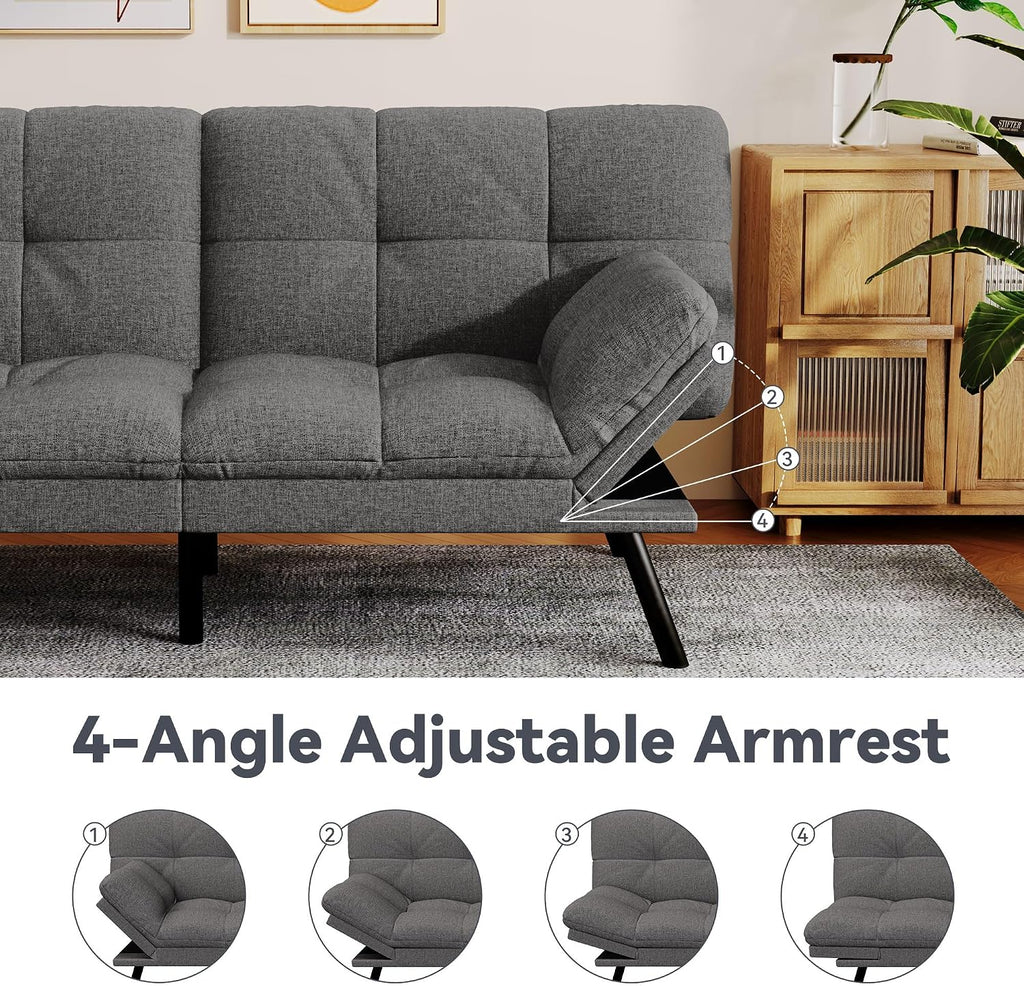 Convertible Futon Sofa Bed,Linen Futon Couch with Detachable Cushion,Adjustable Backrest & Armrest,Modern Small Loveseat Sleeper Recliner for Living Room,Office,Apartment,Grey