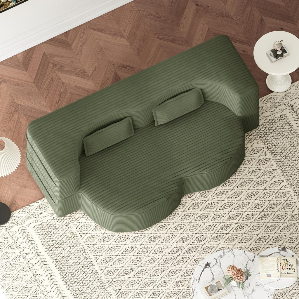 78' Futon Sofa Bed, 2-in-1 Foldable Floor Sleeper Sofa, Convertible Corduroy Curved Loveseat with 2 Pillows, Full Mattress Bed, Upholstered Boneless Couches for Living Room, Apartment, Green