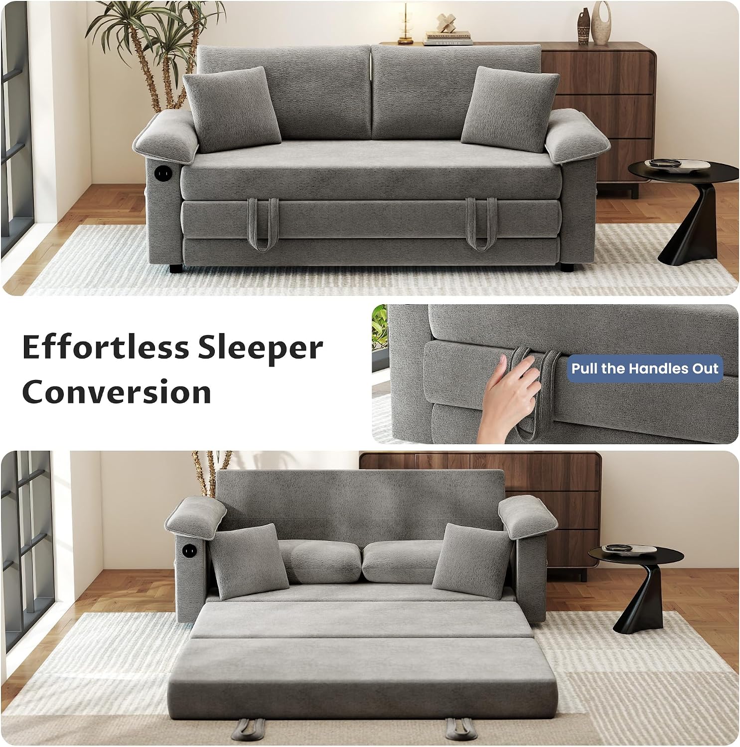 SUNWAVE 77' Sleeper Sofa Convertible Sofa Bed with USB Ports & Side Pockets, Chenille Loveseat Pull Out Couch with Full Size Sleeping Area, Folding Sofa Bed for Living Room & Small Spaces (Gray)