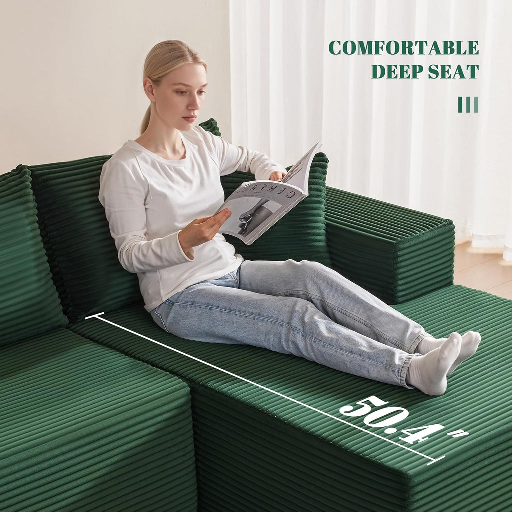 Mangodan 110' Cloud Sectional Couch, Boneless Sofa for Living Room, Modular Sectional Sofa with Deep Seat, Comfy Fluffy U-Shaped Couch with Right-Facing Chaise, No Assembly Required, Green