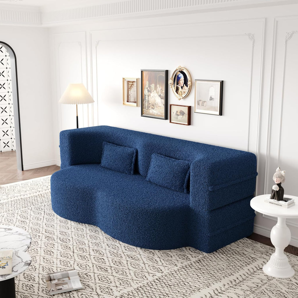 2-in-1 Futon Folding Sofa Bed,78 Inch Pull Out Sofa Bed Boneless Couch with 2 Pilow Convertible Sofa, Teddy Loveseat Sleeper Floor Sofa for Children's Room Bedroom Living Room (Teddy, Blue)