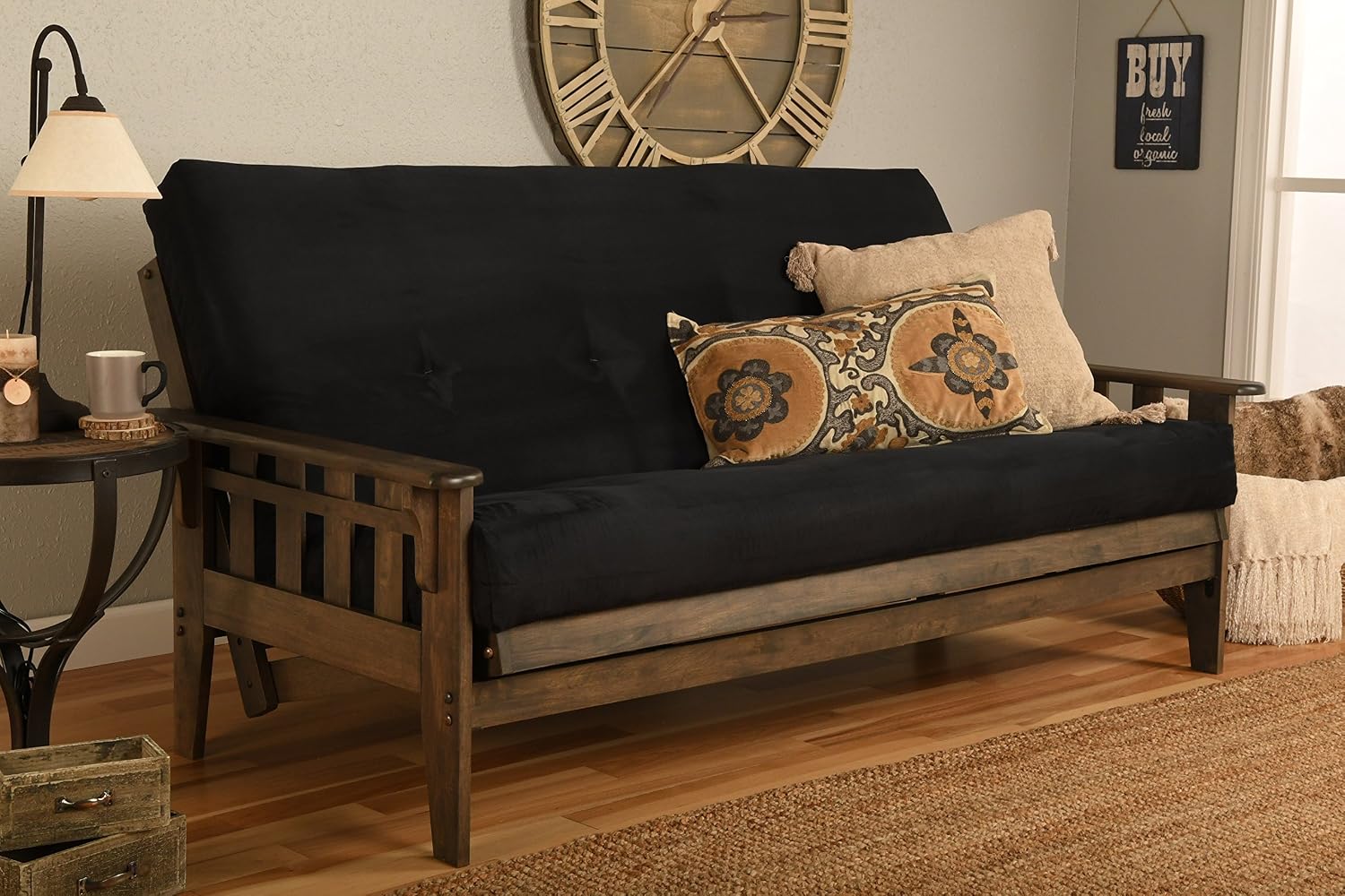 FutonX Rustic Walnut Frame and Mattress Set with Choice to add Drawers, 8 Inch Innerspring Futon Sofa Bed Full Size Wood (Black Matt and Frame (No Drawers))