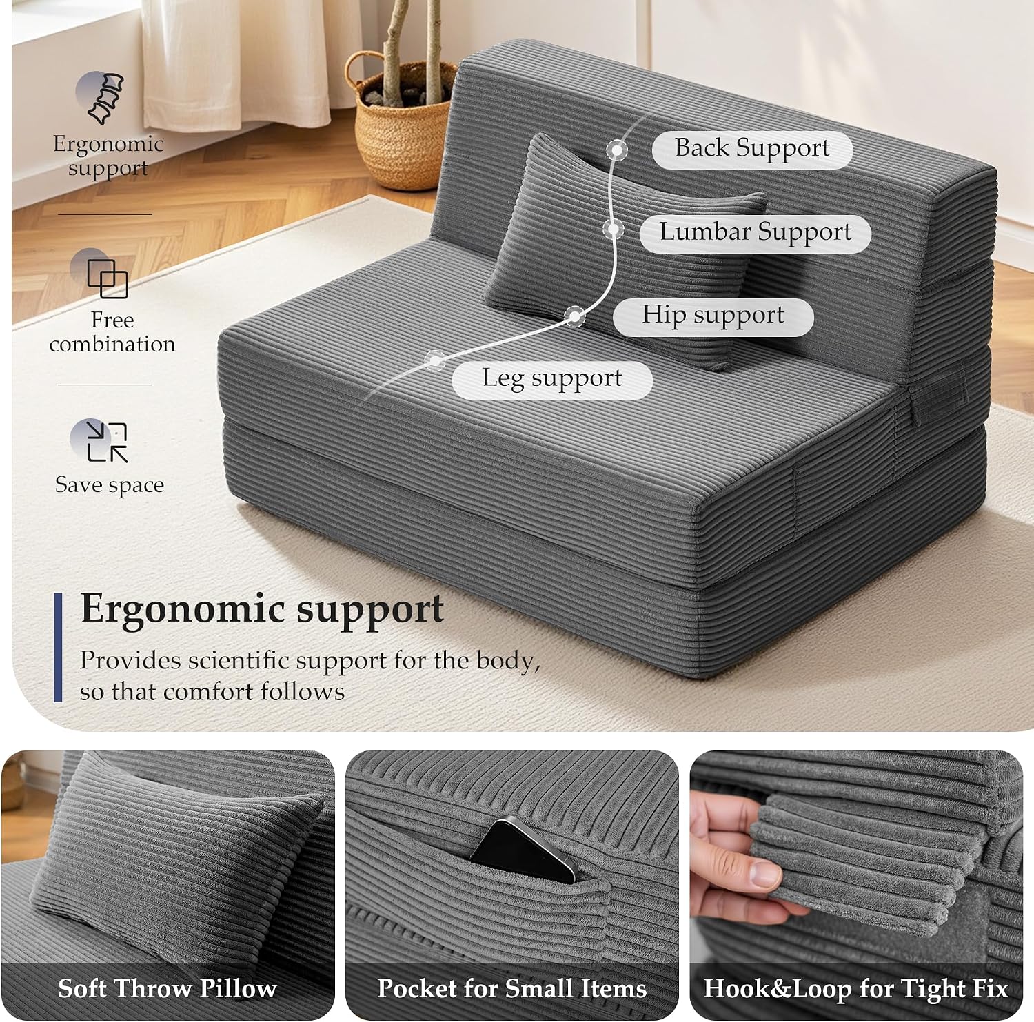 Youzi Folding Sofa Bed Convertible Sleeper Chair with Pillow, 4-in-1 Foldable Mattress Futon Couch Bed to Lounge Chair for Living Room, Bedroom, Dorm & Guest, Washable Cover, Dark Gray, Twin