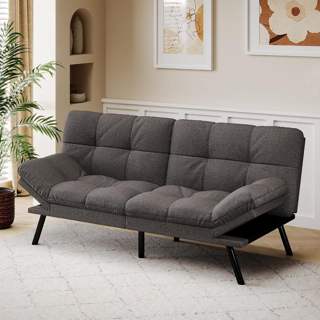 Convertible Futon Sofa Bed,Grey Linen Modern Futon Couch,Memory Foam Loveseat Sleeper Recliner,Detachable Cushion,Adjustable Backrest & Armrest,Couch for Living Room,Office,Apartment