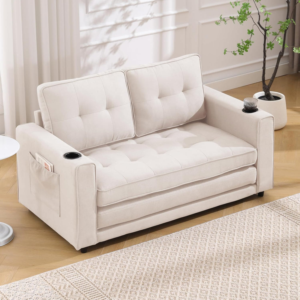 Merax Convertible Sleeper Sofa Bed, Futon Sofa Bed, 3 in 1 Convertible Loveseat Sleeper with Pull Out Bed, Foldable Tufted Sofa Bed Couch W/Cup Holder and Side Pockets,Beige
