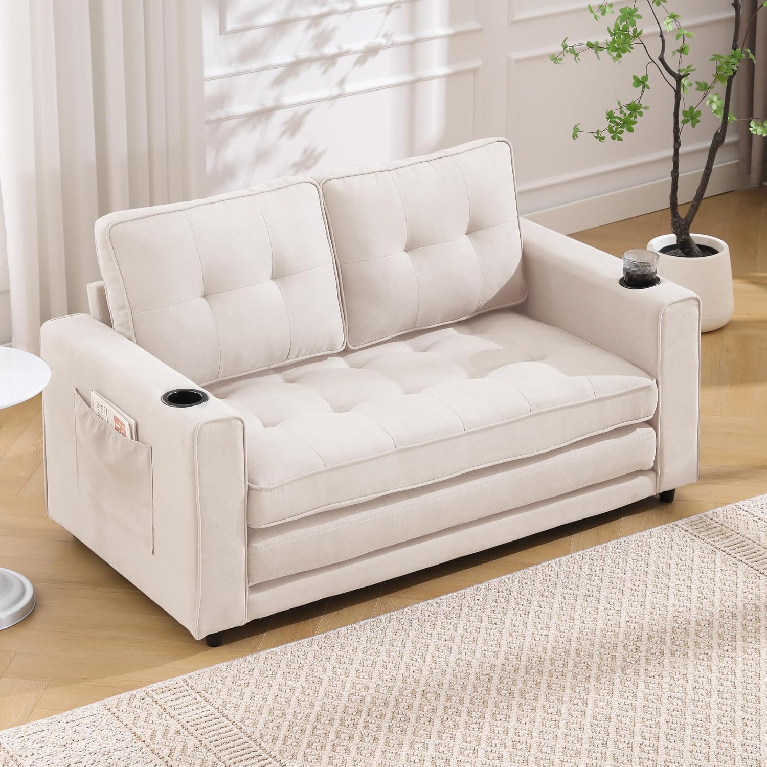 Merax Convertible Sleeper Sofa Bed, Futon Sofa Bed, 3 in 1 Convertible Loveseat Sleeper with Pull Out Bed, Foldable Tufted Sofa Bed Couch W/Cup Holder and Side Pockets,Beige