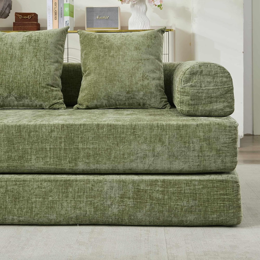 Deolme 3 in 1 Convertible Futon Sofa Bed, Modern King Size Chenille Loveseat Sleeper Sofa Folding, 3-Seater Foldable Lounger Couch Bed for Living Room, Bedroom Guest Room (Green, 3 Throw Pillows)