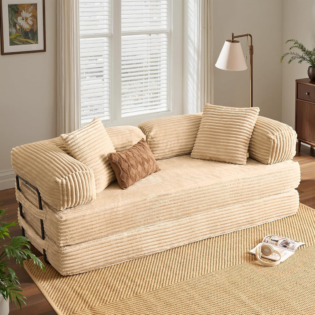 ovios 81' Folding Sofa Bed, Foldable Sleeper Boneless Couch with Pull Out Beds, Modular Convertible Floor Futon Loveseat Lounger for Living Room (Faux Fur, Beige)