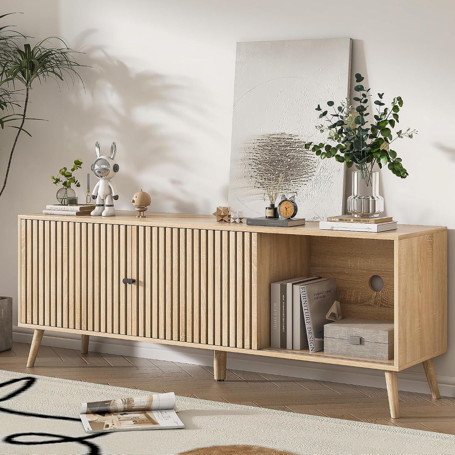 Oubayajia Mid Century Modern TV Stand for Televisions up to 70 Inches, with Sliding Doors and Storage, Television Stands, TV Consoles, Media Consoles for Living Room, 63 Inch (Natural)