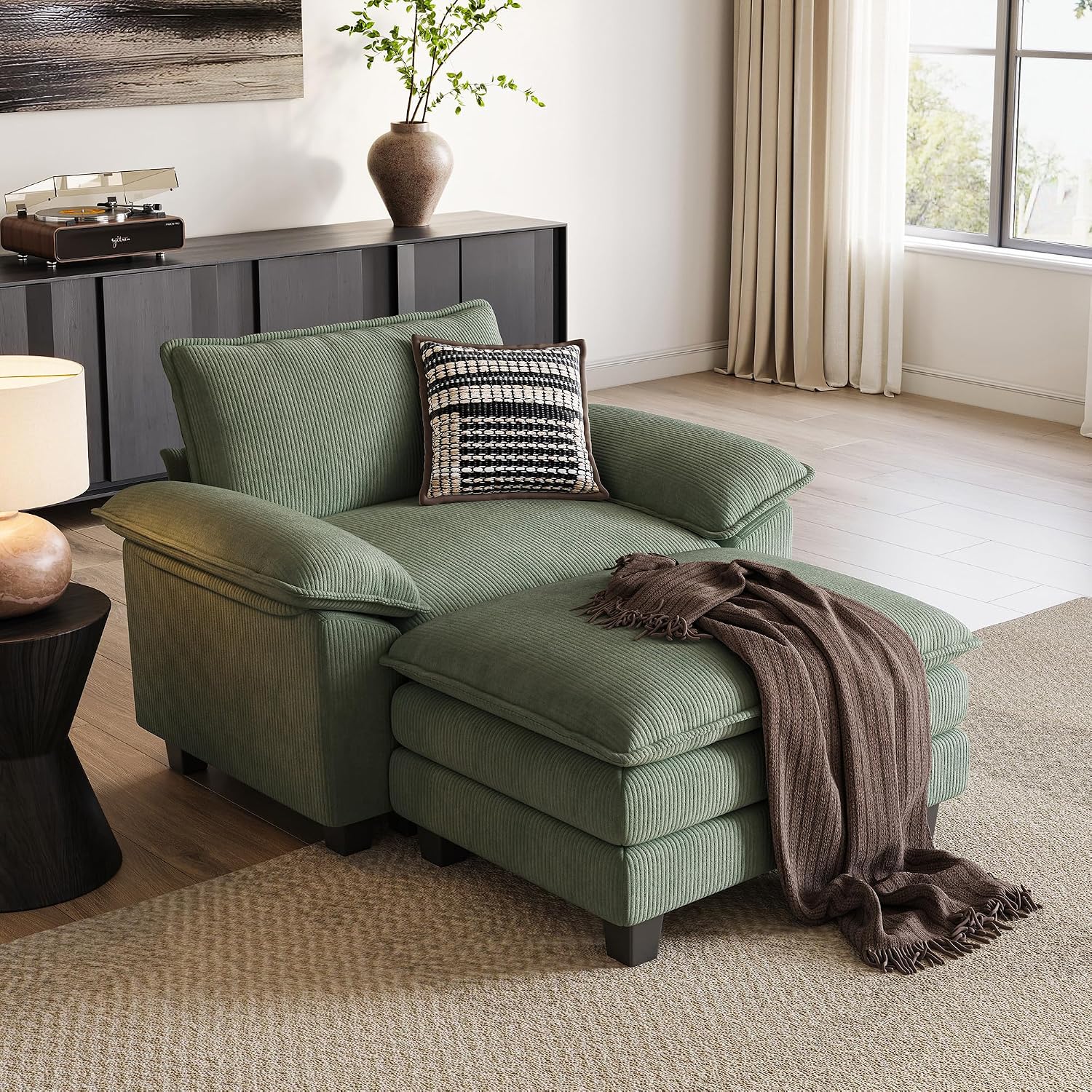 LINSY HOME Cloud Sofa Accent Chair with Ottoman Chaise Lounge Chair Indoor, Corduroy Couch Sofa Chair for Living Room Apartment Bedroom Office, Green