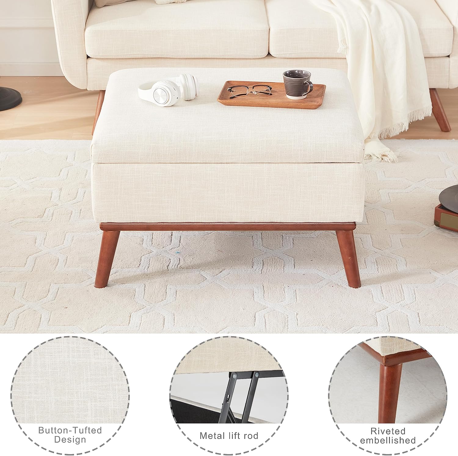 Tbfit 65' W Loveseat Sofa with Ottoman Coffee Table, Mid Century Modern Love Seat Couches for Living Room, Button Tufted Upholstered Small Couch for Bedroom,Easy to Install Love Seats Furniture, Beige
