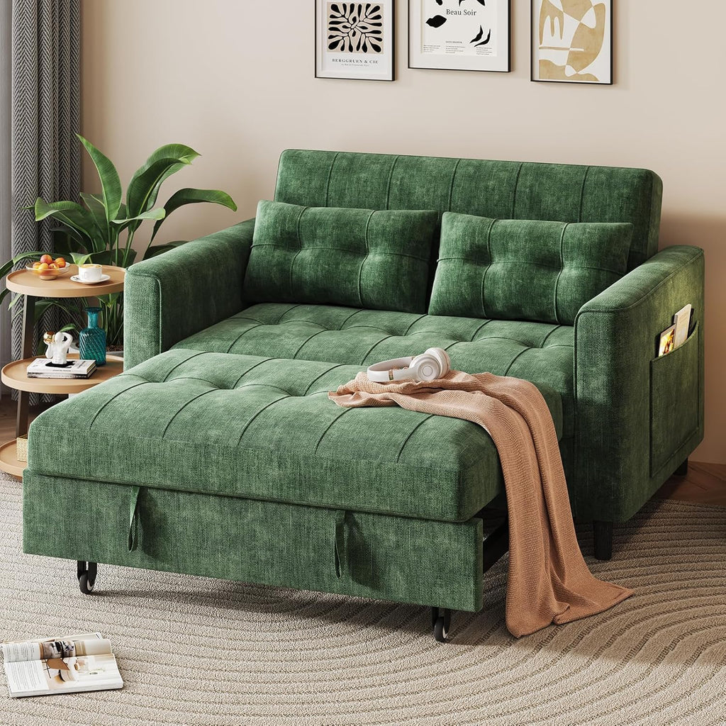 KKL 3 in 1 Convertible Small Sleeper Sofa Bed, Pull Out Couch Bed with Adjustable Backrest, Chenille Loveseat Pullout Couches with Side Pocket for Living Room, Bedroom,Green
