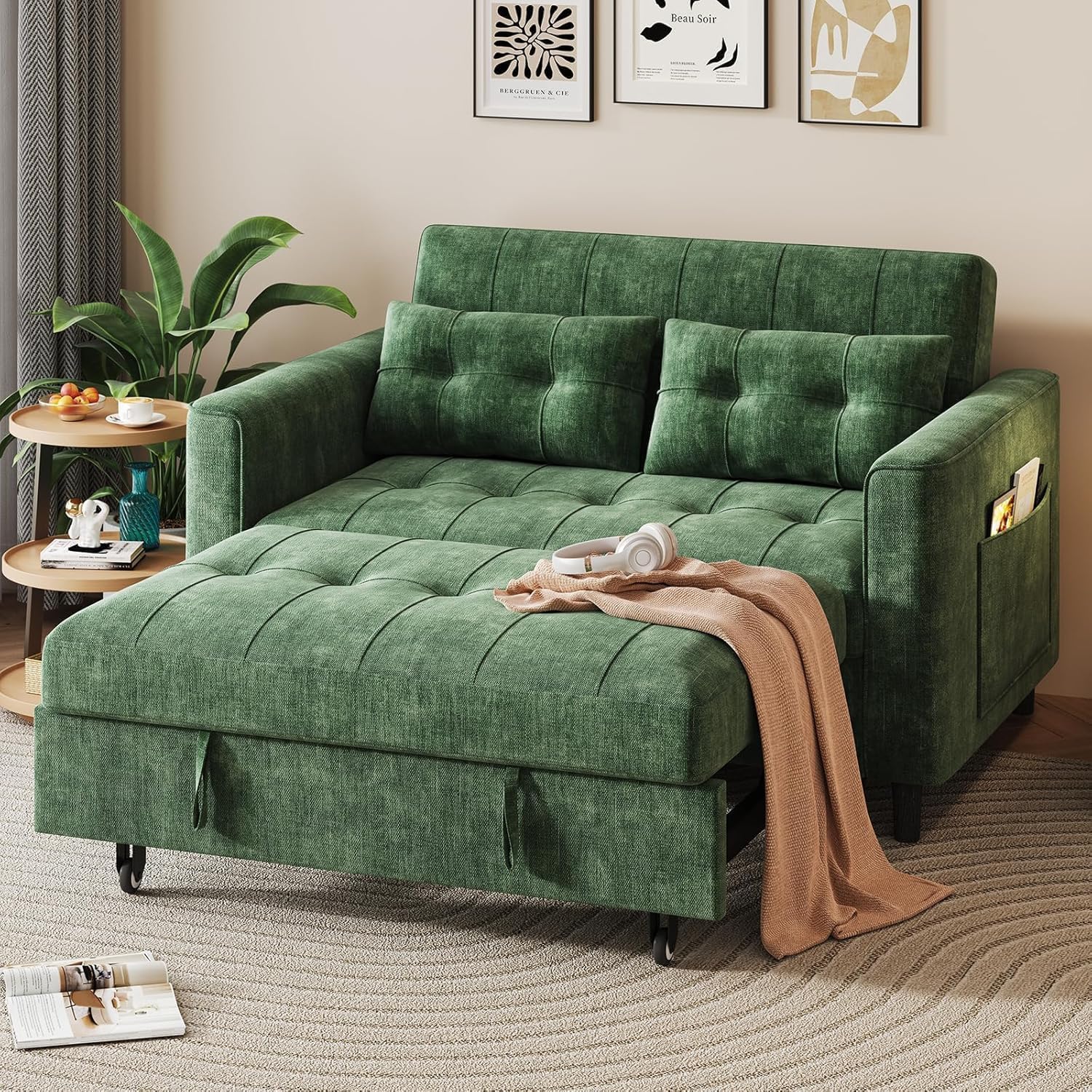 KKL 3 in 1 Convertible Small Sleeper Sofa Bed, Pull Out Couch Bed with Adjustable Backrest, Chenille Loveseat Pullout Couches with Side Pocket for Living Room, Bedroom,Green