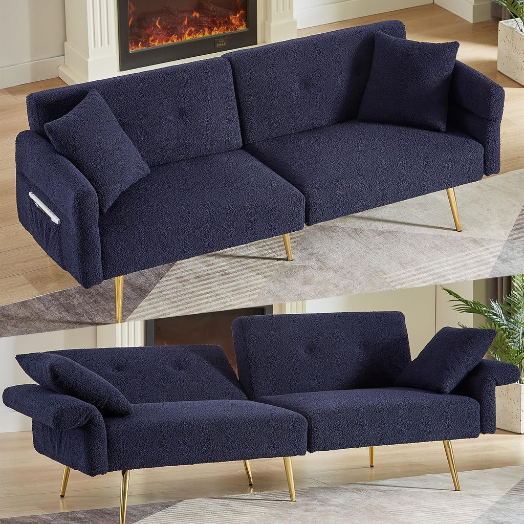 69.5' Convertible Futon Sofa Bed with Adjustable Backrest and Armrests, Teddy Upholstered Loveseat Sleeper Couch with 2 Pillows and Metal Legs Love Seat for Guest Room Living Room (Dark Blue)