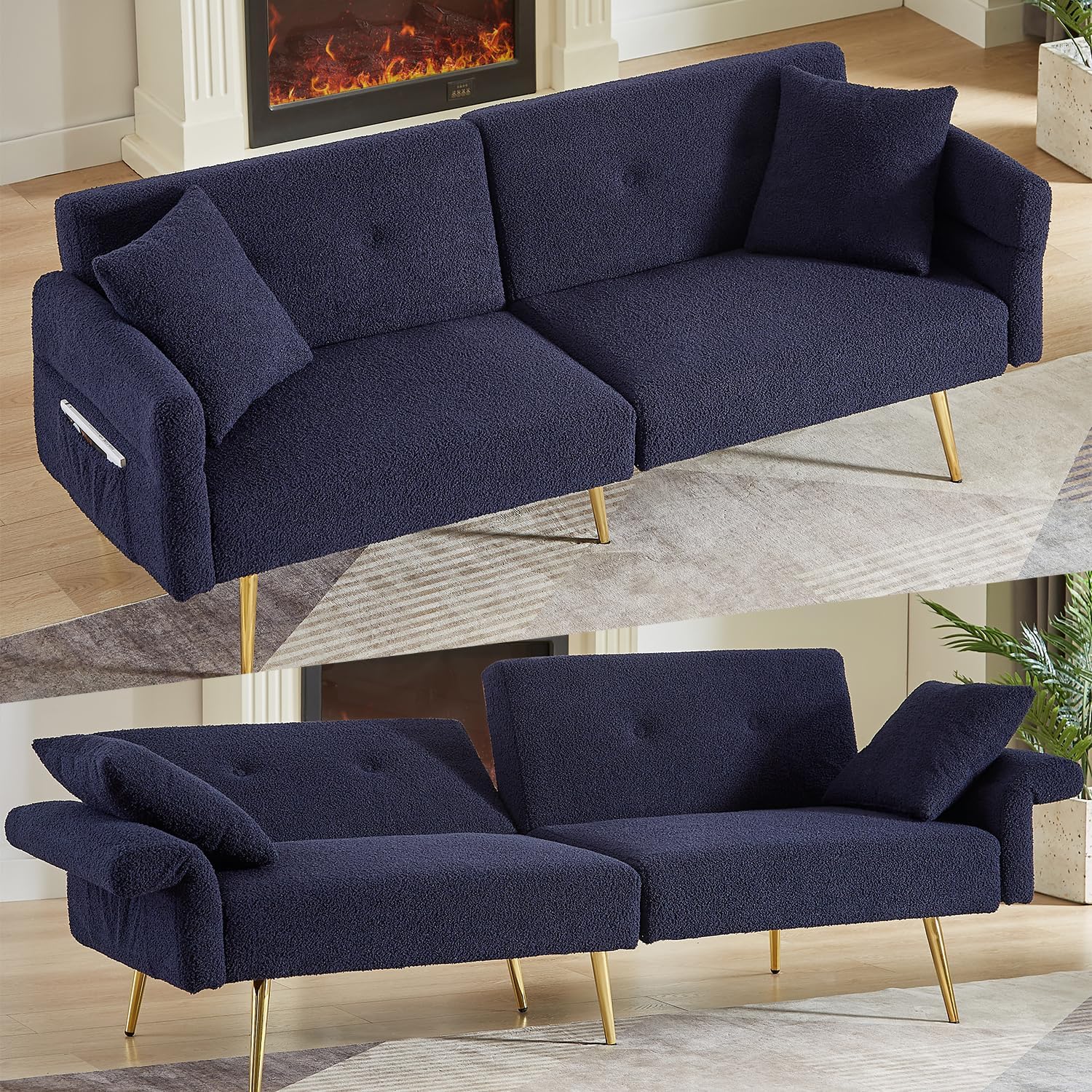 69.5' Convertible Futon Sofa Bed with Adjustable Backrest and Armrests, Teddy Upholstered Loveseat Sleeper Couch with 2 Pillows and Metal Legs Love Seat for Guest Room Living Room (Dark Blue)