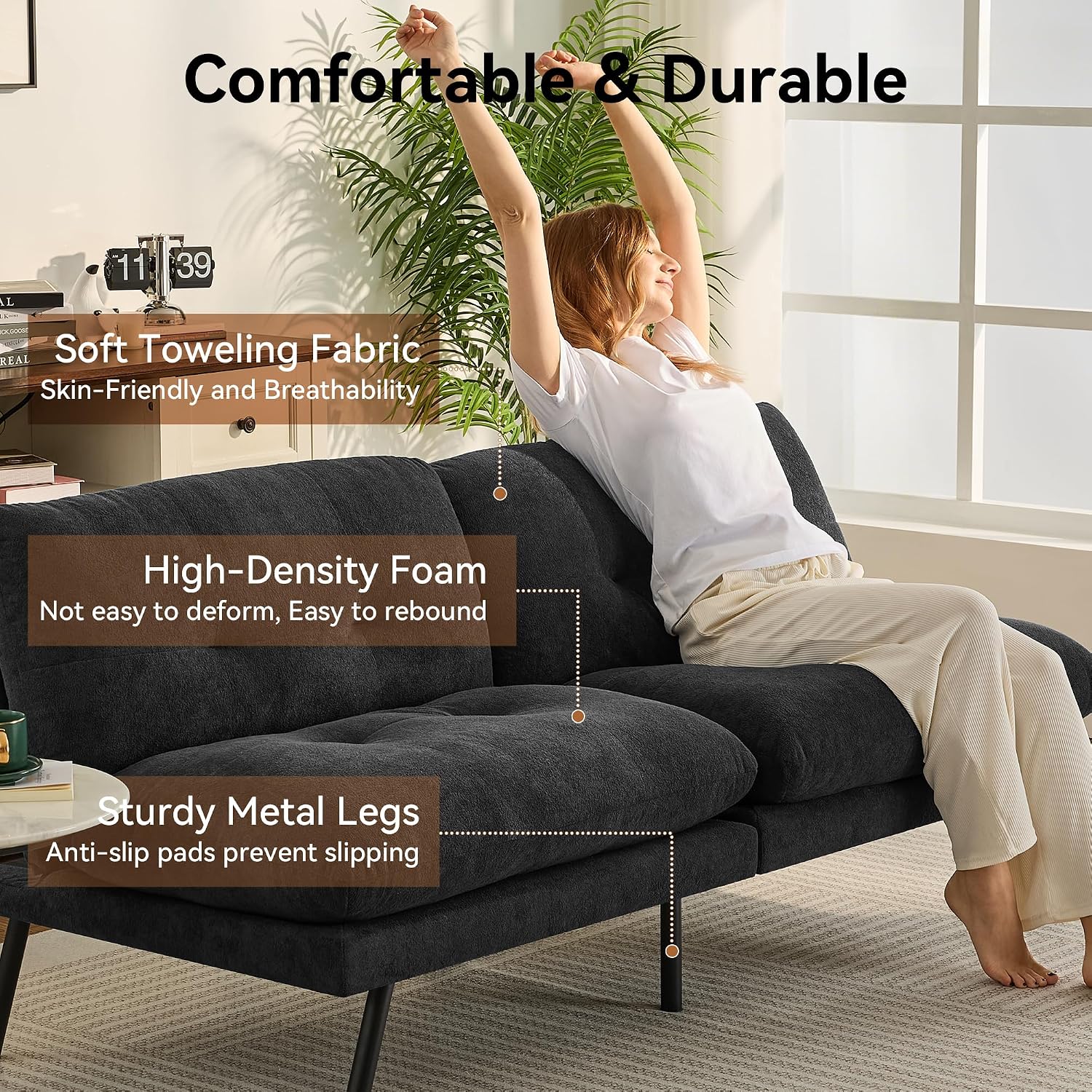 Convertible Futon Sofa Bed with Adjustable Backrest & Detachable Cushions – Plush Terry Cloth Fabric Futon Couch Bed, Morden Folding Loveseat for Living Room,Office,Apartment,Retro Black