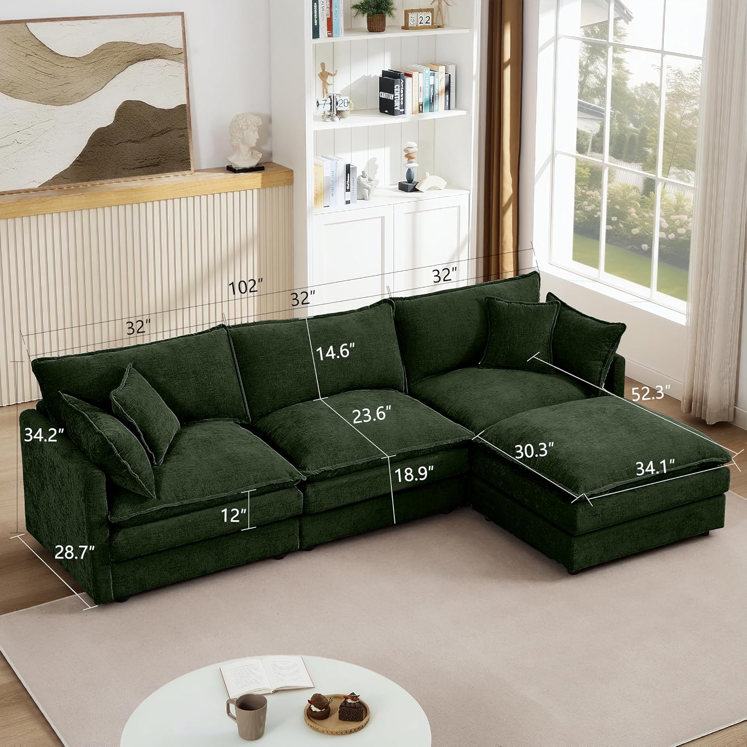 Eafurn Oversized Reversible Modular Sectional Sofa with Movable Ottoman, 4 Seater Convertible L Shaped Corner Couch Modern Chenille Sofa Set w/Double Layers Seat Cushions for Living Room Apartment