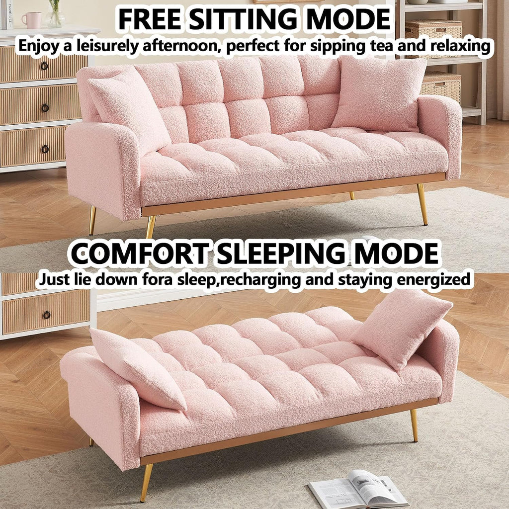 Comfy Futon Sofa Bed with 2 Pillows, Pink Futon Couch Bed with Gold Legs, Small Convertible Sofa Bed Couch for Living Room, Modern Loveseat for Bedroom, Curved Arms, Plush Tufted-Shaped,Teddy (Pink)