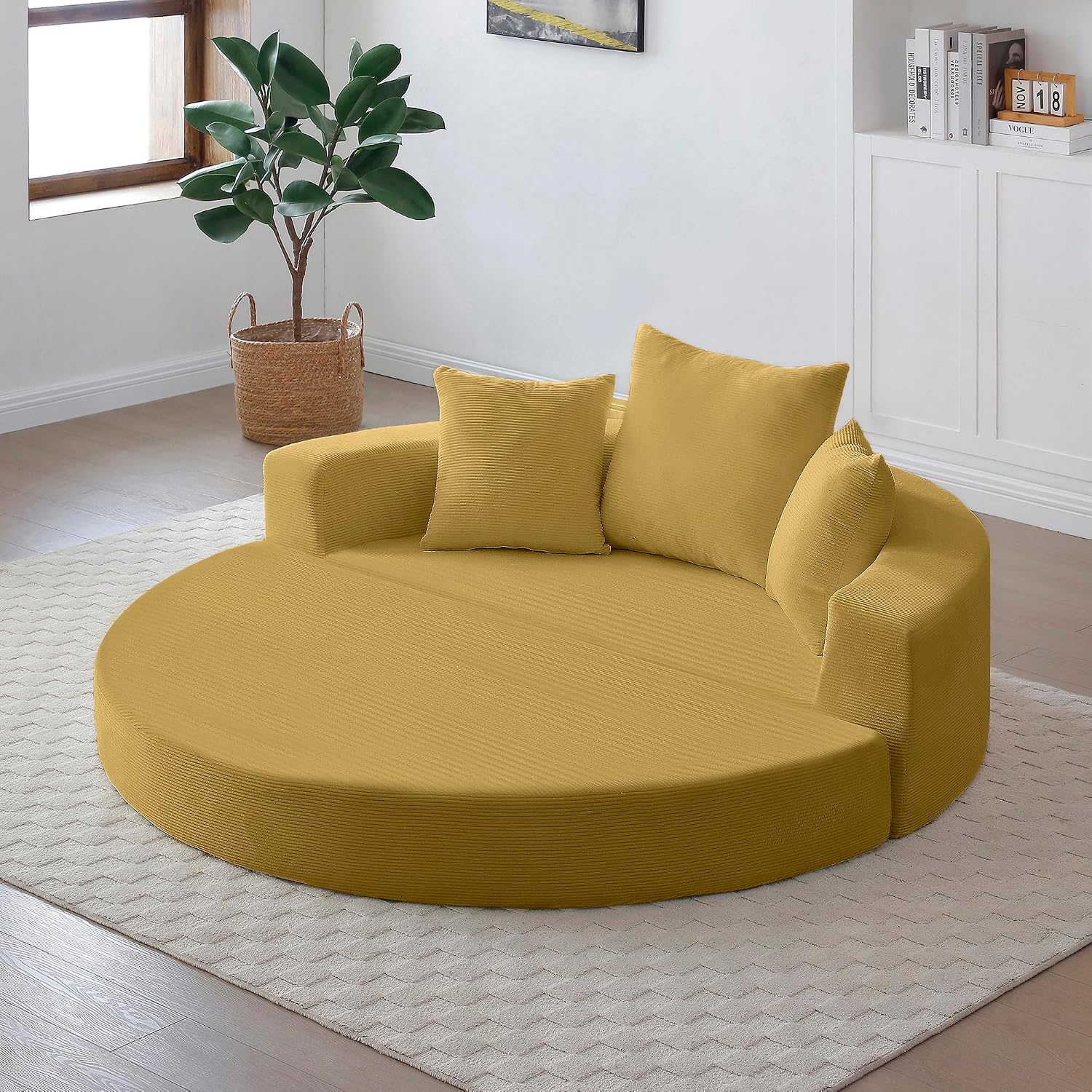 KEIKI 67' Corduroy Convertible Circular Floor Sofa Bed,Multi-Functional Adjustable Futon Couch for Living Room Office,No Assembly