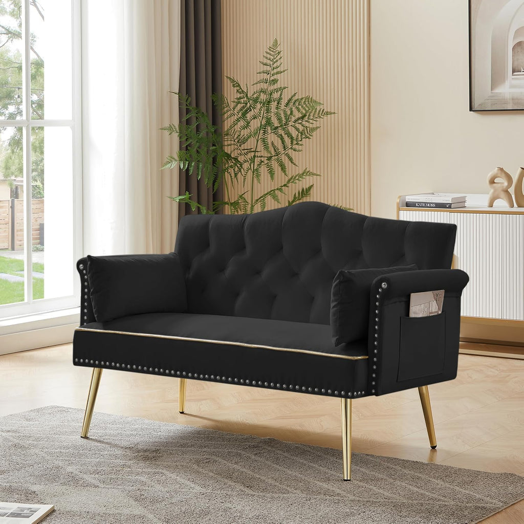 hansones 55-Inch Modern Velvet Loveseat Sofa with Gold Metal Legs & Side Pockets, Tufted Backrest, Perfect for Living Room, Bedroom, or Office (Black)