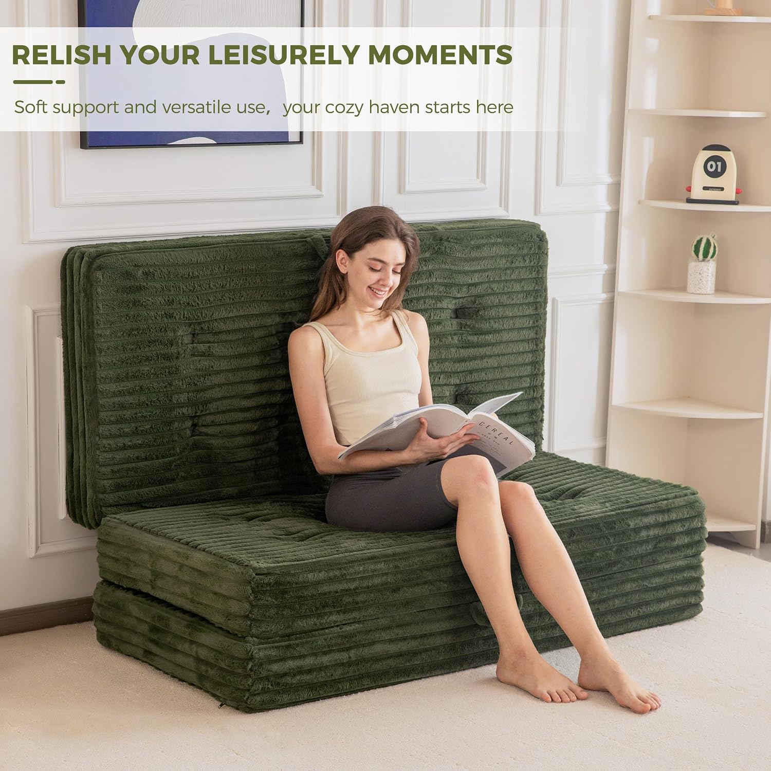 MAXYOYO Folding Sofa Couch Bed, 6 Inch Tri-Fold Floor Sofa Bed, Folding Mattress with Handles, Soft Faux Fur Folding Bed with Supportive Foam Filling, Portable Couch for Living Room, Twin, Dark Green