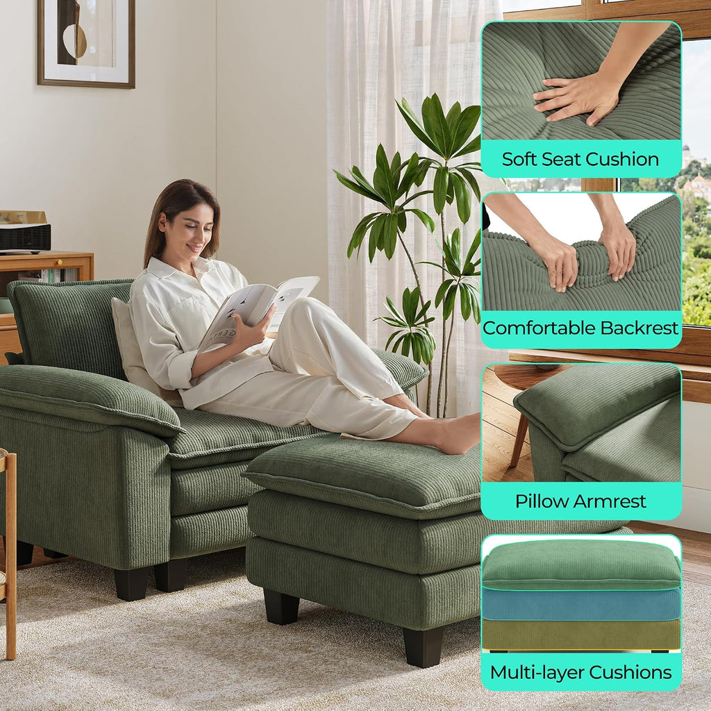 LINSY HOME Cloud Sofa Accent Chair with Ottoman Chaise Lounge Chair Indoor, Corduroy Couch Sofa Chair for Living Room Apartment Bedroom Office, Green