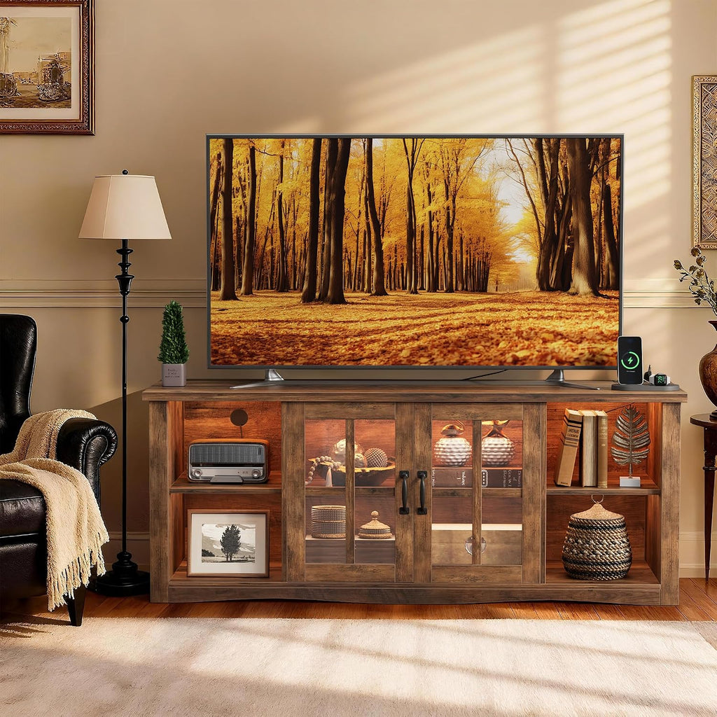 YESHOMY Farmhouse LED TV Stand with Power Outlet, for Televisions up to 65 Inches, Wood Entertainment Center with Glass Door Storage Cabinet, TV Console for Living Room, Brown