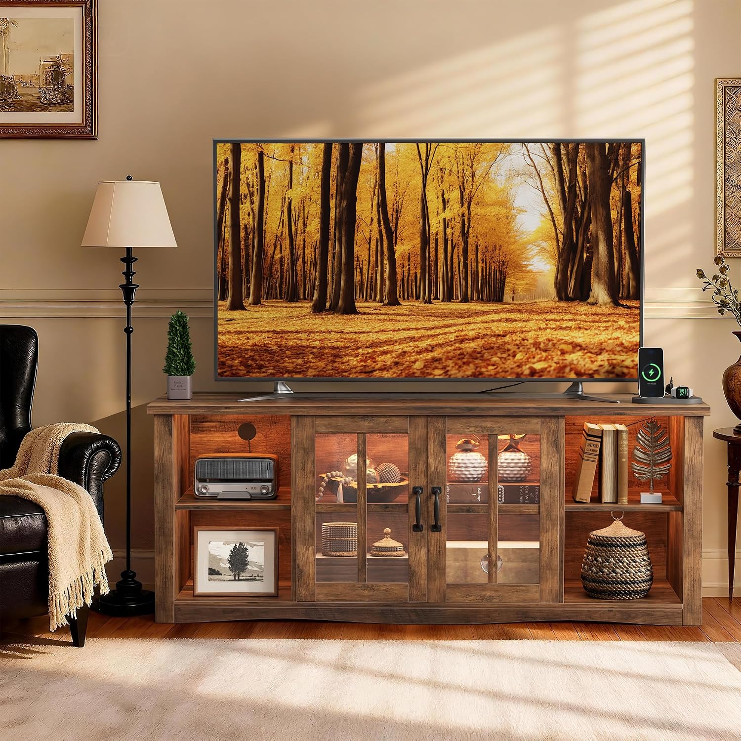 YESHOMY Farmhouse LED TV Stand with Power Outlet, for Televisions up to 65 Inches, Wood Entertainment Center with Glass Door Storage Cabinet, TV Console for Living Room, Brown