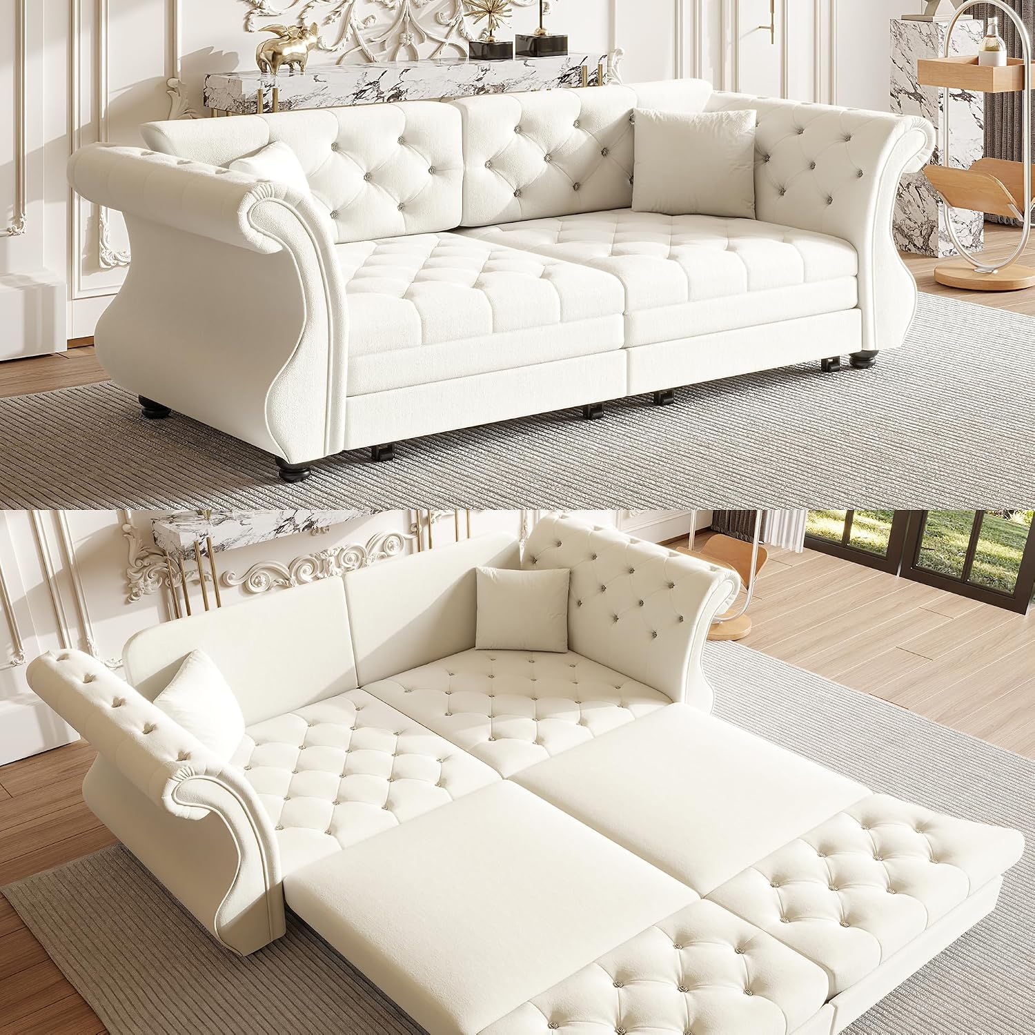 83.8'' Sleeper Sofa Bed Queen Size, Velvet Chesterfield Pull Out Couch, Flower Tufting Convertible Sofa, Comfy Loveseat, Modern Futon Couches, 2 Pillows for Living Room, Apartment, Beige