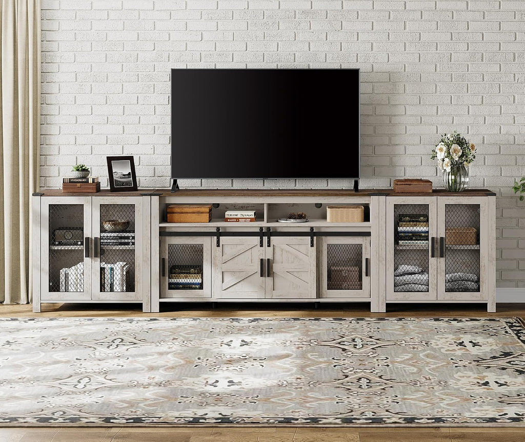 WAMPAT TV Stand Set for 100 inch TV,Door Storage Cabinet with Mesh for Living Room,Farmhouse Storage Units with Open and Adjustable Shelf,Antique White, Dark Walnut and White