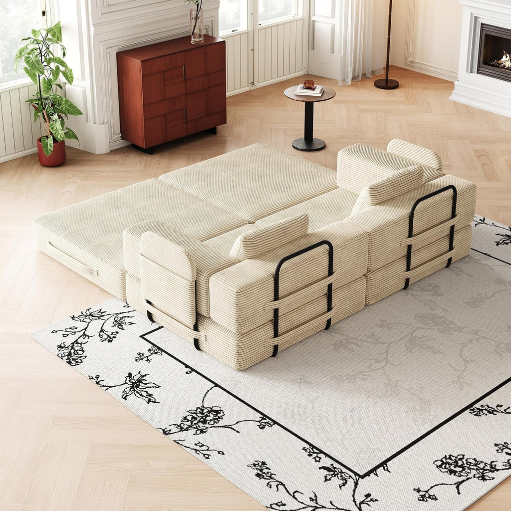 4-in-1 Convertible Folding Sofa Bed, 72' Oversized Corduroy Upholstered Boneless Couch, Loveseat Sleeper Sofa Bed, Floor Sofabed Modular Futon Couch for Living Room Bedroom Lounge (Beige, 72')
