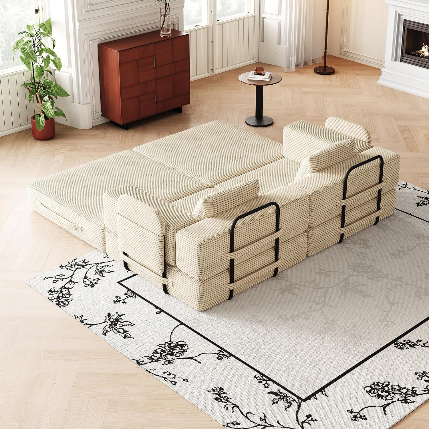 4-in-1 Convertible Folding Sofa Bed, 72' Oversized Corduroy Upholstered Boneless Couch, Loveseat Sleeper Sofa Bed, Floor Sofabed Modular Futon Couch for Living Room Bedroom Lounge (Beige, 72')
