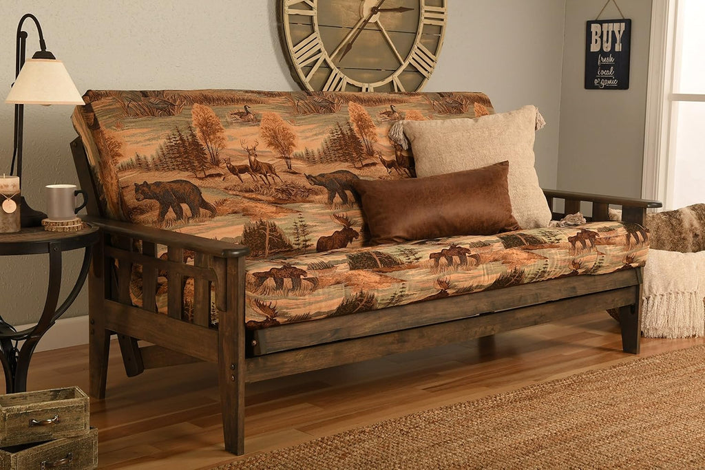 Tucson Rustic Walnut Frame and Mattress Set with Choice to add Drawers, 8 Inch Innerspring Futon Sofa Bed Full Size Wood (Kodiak Bear Matt and Frame (No Drawers))