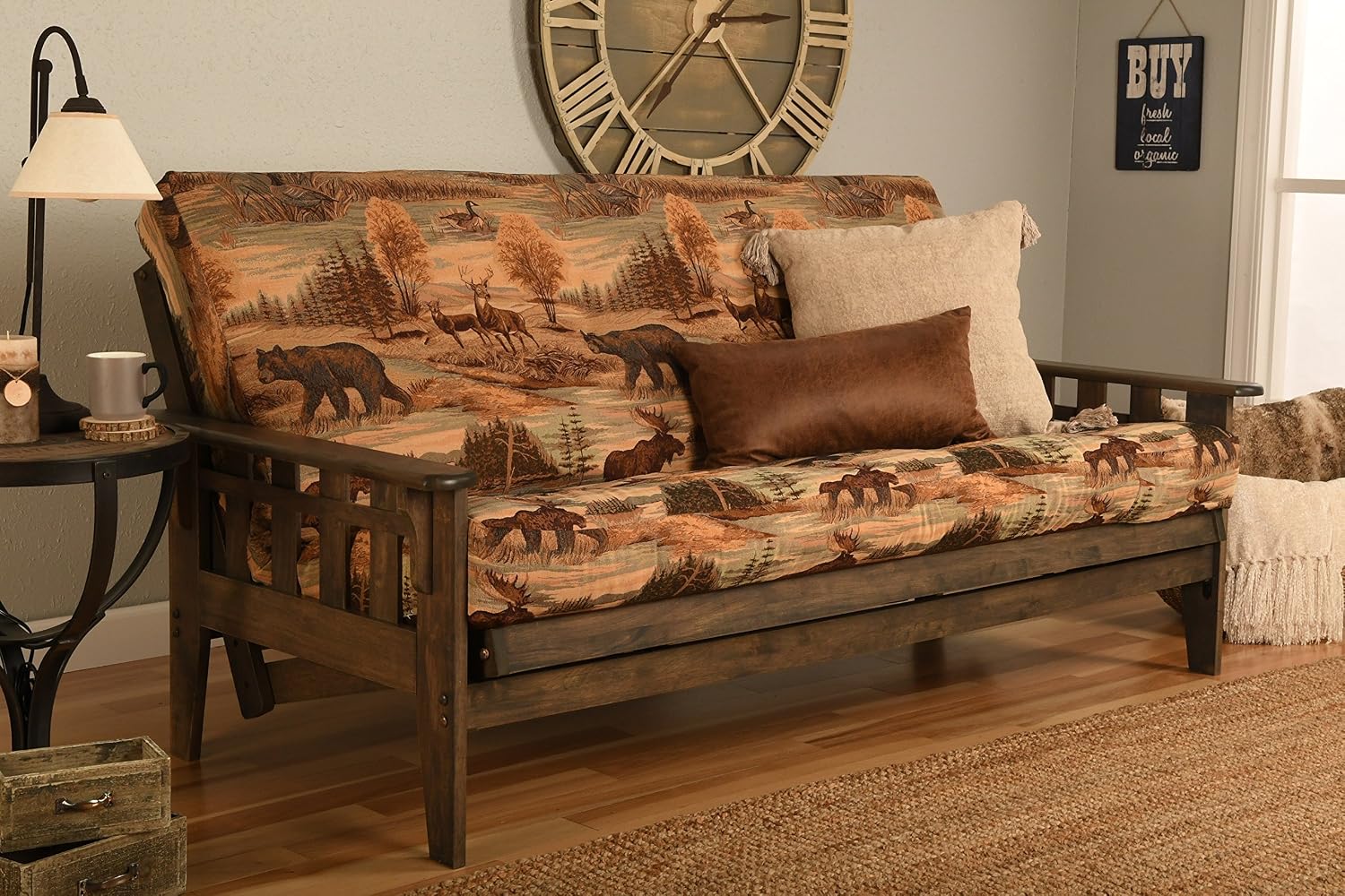 Tucson Rustic Walnut Frame and Mattress Set with Choice to add Drawers, 8 Inch Innerspring Futon Sofa Bed Full Size Wood (Kodiak Bear Matt and Frame (No Drawers))