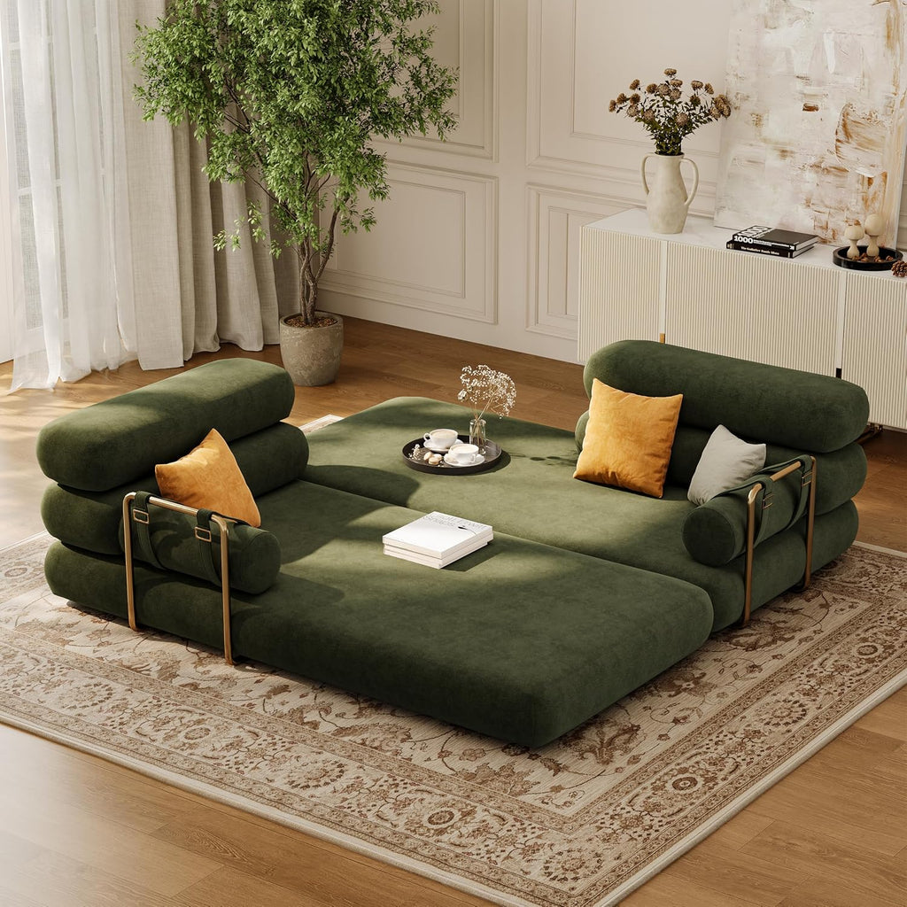 homary Velvet Futon Sofa Bed 81' 3-Seater Convertible Couch with Detachable Pillows, Stainless Steel Legs, Modern Sleeper Sofa for Living Room & Apartment (Evergreen)