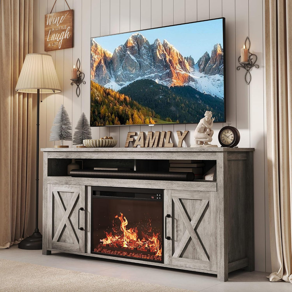 BELLEZE 58' Farmhouse Fireplace TV Stand for TVs up to 65', 23' Electric Fireplace Heater with Sound, Entertainment Center Media Console Table Barn Door Storage Cabinets for Living Room -Gray