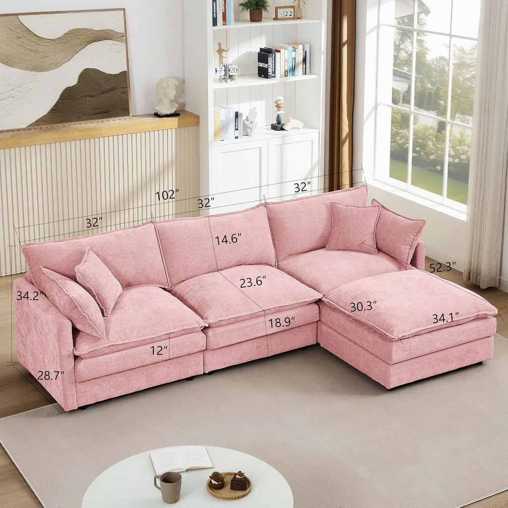 Eafurn Oversized Reversible Modular Sectional Sofa with Movable Ottoman, 4 Seater Convertible L Shaped Corner Couch Modern Chenille Sofa Set w/Double Layers Seat Cushions for Living Room Apartment