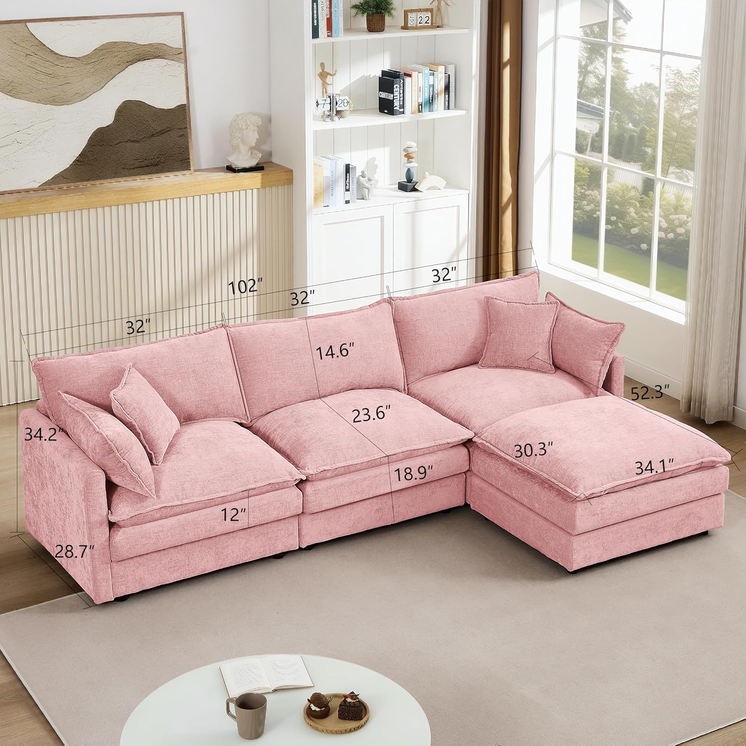 Eafurn Oversized Reversible Modular Sectional Sofa with Movable Ottoman, 4 Seater Convertible L Shaped Corner Couch Modern Chenille Sofa Set w/Double Layers Seat Cushions for Living Room Apartment