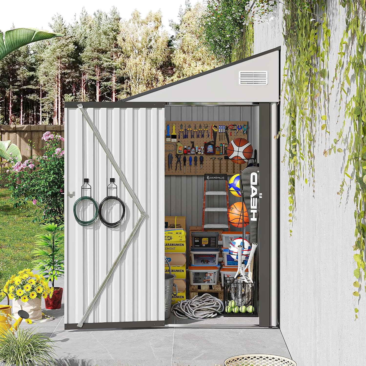 YOPTO 4x8 FT Outdoor Metal Storage Shed,Waterproof Lean to Tool Sheds,Heavy-Duty Unit with Single Hinge Side Door and Ventilation Windows,Weather Resistant,for Backyard,Patio,Lawn,White