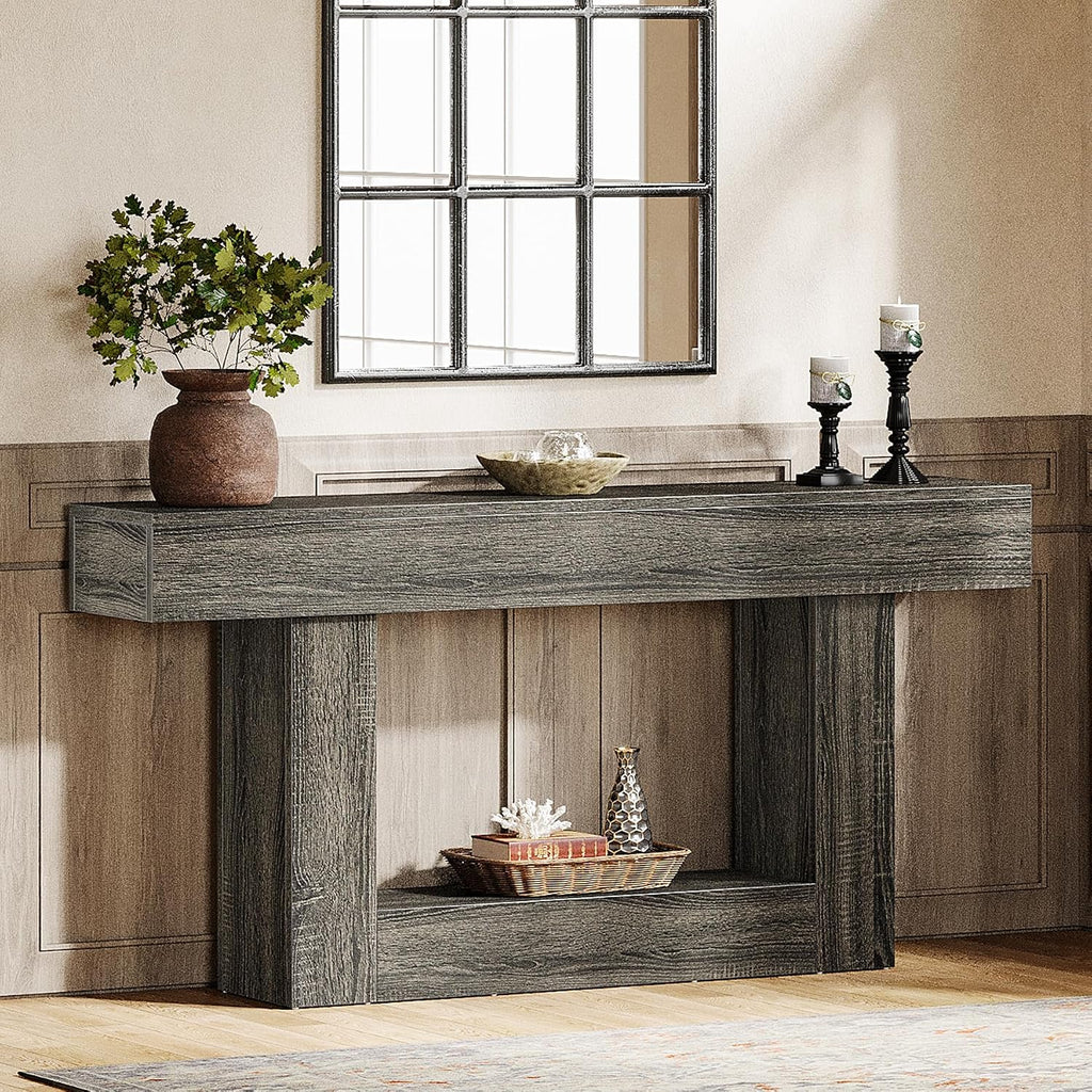Tribesigns 63' Console Table, Farmhouse 2-Tier Entryway Table with U-Shaped Base, Narrow Long Wood Sofa Table Behind Couch Table for Living Room, Hallway, Foyer, Gray
