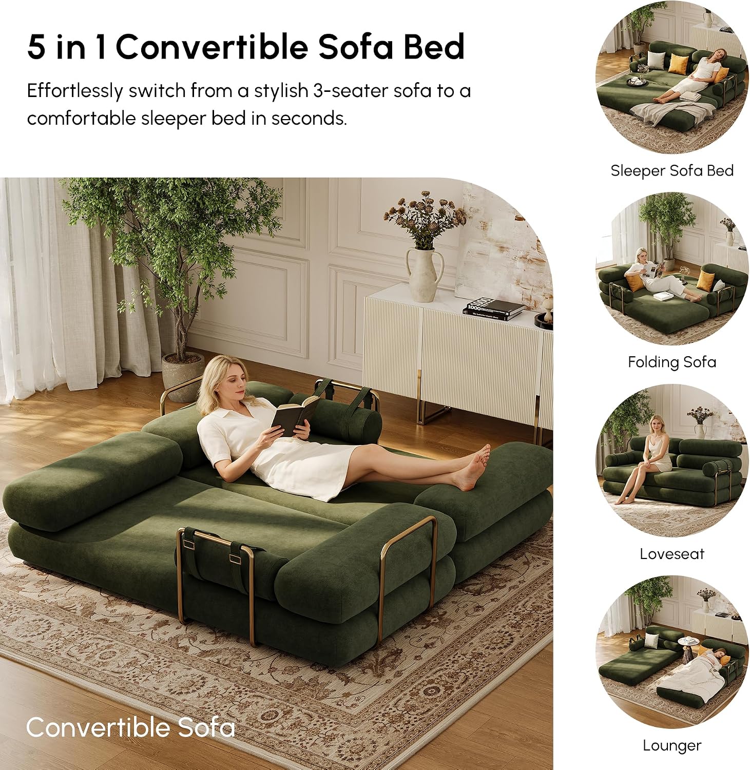 homary Velvet Futon Sofa Bed 81' 3-Seater Convertible Couch with Detachable Pillows, Stainless Steel Legs, Modern Sleeper Sofa for Living Room & Apartment (Evergreen)